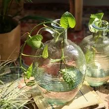 透明なガラス花瓶【緑・細口・一耳付き・インテリア用・厚手】