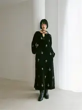 フランス風レトロデザインのワイドAラインサテン刺繍ランタンスリーブワンピース
