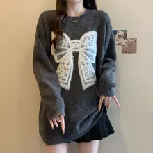 体型カバーに最適！リボン付きラフニットトップス【秋冬用・ゆったりシルエット・中長丈】