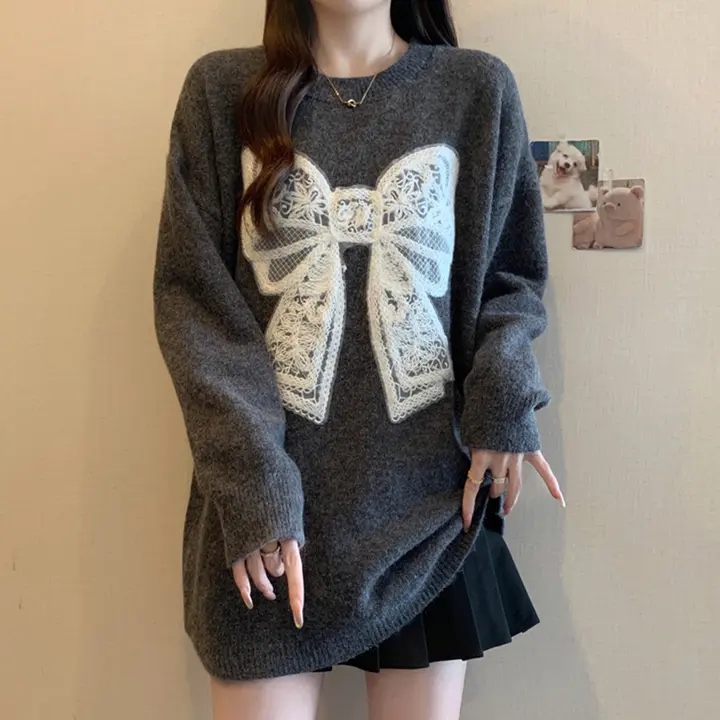 体型カバーに最適！リボン付きラフニットトップス【秋冬用・ゆったりシルエット・中長丈】