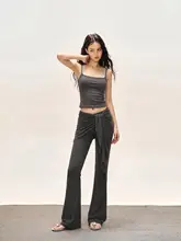 不規則デザインのリボン付きワイドレッグパンツ【女性用・夏用・ローウエスト・カジュアル】（セットアップ対応）