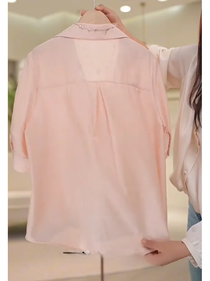 リネンブルーシャツ【夏用・フレンチスタイル・翻領・UVカット・ゆったり中袖】