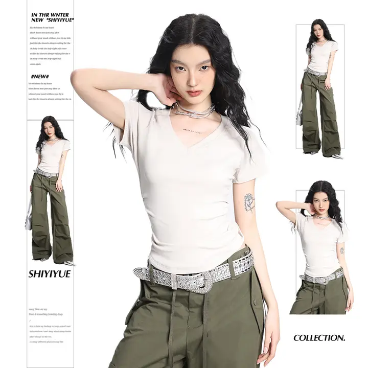 SHIYIYUE VネックレディースTシャツ【短袖・スリムフィット・夏用】