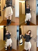 不規則なフレアレーススカート【秋春用・ゆったりデザイン・ミディ丈】（セットアップ対応）