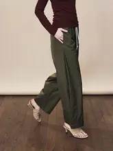 刺繍入り アコーディオンプリーツ デザインのカラー切替ストレートパンツ【粉色・九分丈・ウエストゴム】