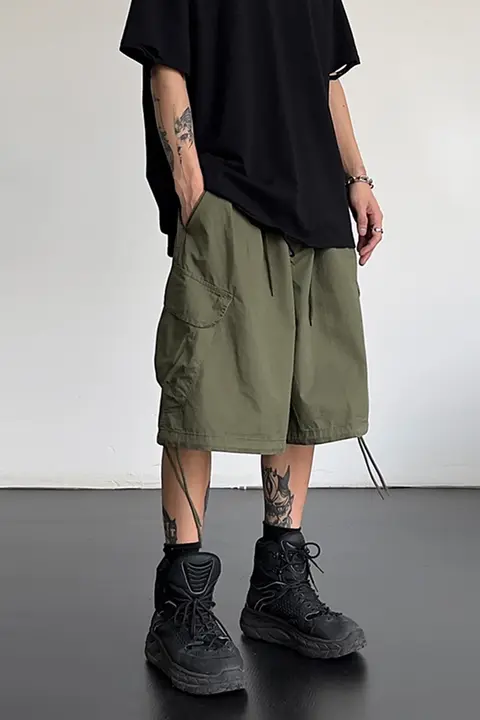 ハーフパンツ ユニセックス カーキ カーゴ ワイド 大きめポケット ストリート カジュアル 夏