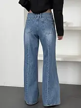 高腰デニムパンツ【ウォッシュ加工・フェイクポケット・レトロデザイン・ワイドレッグ】