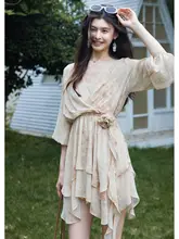 原野花柄シフォンワンピース【Vネック・ウエスト調整・不規則デザイン】（セットアップ対応）