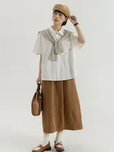 杏色の刺繍入り半袖シャツ【学院風・ゆったりデザイン・夏用】