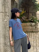 サーフィンペンギンプリントのコットン短袖Tシャツ【ブルー・レディース・夏用・スリムフィット】