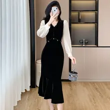 秋冬用 ベルベット デザインVネックフィッシュテールワンピース【スタイリッシュフィット・洗練された印象】