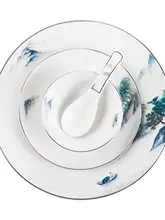 高級中華風ホテル用テーブルウェア【金縁の山水墨画・陶器製・プレート、ボウル、スプーン、カップ、箸】（セットアップ対応）