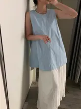 シック 背中開きデザインのブルーシャツ【夏用・ノースリーブ・ルーズフィット】（セットアップ対応）