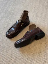 羊皮製 レトロ 本革 ローファーシューズ【粗いヒール・平底・イギリス風・女性用】