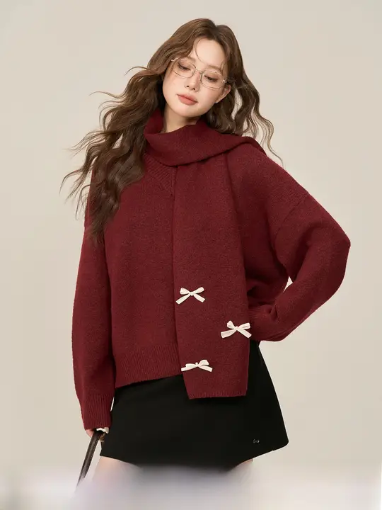 秋冬用 デザインニットセーター【赤・リボン付き・クリスマススタイル】