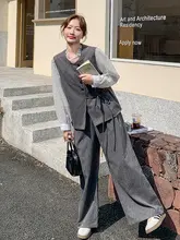 灰色のファッショントップスとワイドパンツ【春用・ビジネスシーン・スリムフィット・シンプルデザイン】（セットアップ対応）