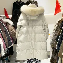 豪華なフォックスファー付きフードコート【ウエストリボン・長袖・白鹅绒仕様】