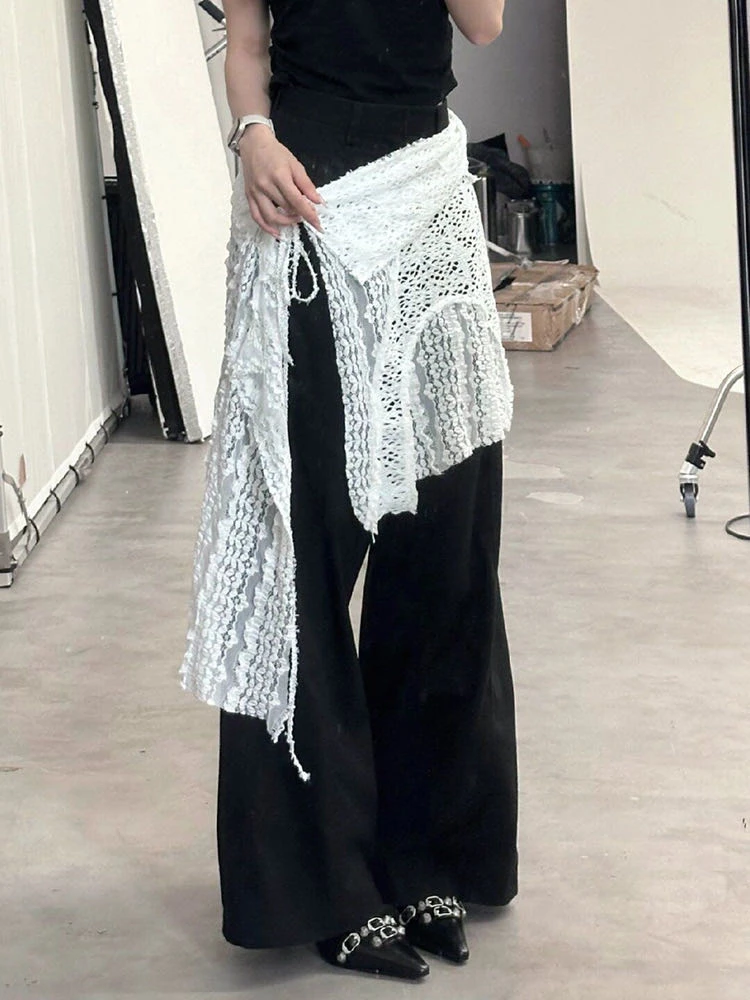 春季用の透かしデザインエプロン付きミディスカート【白色・レイヤード・バンド付き】（セットアップ対応）