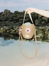 小花デザインの編み込みショルダーバッグ【バケット型・多色・アウトドア用】