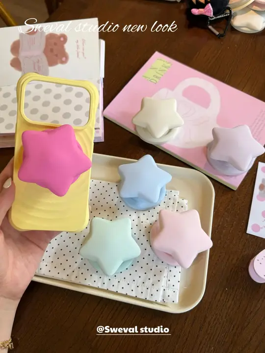星形マカロンデザインの液状シリコン磁気吸着スマホスタンド【デスク用・伸縮式】