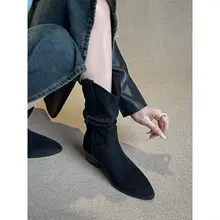 レトロデザインの尖ったつま先のショートブーツ【折り畳みスタイル・粗いヒール・女性用・秋冬用】