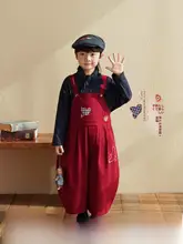 子供用刺繍デザインオーバーオール【秋用・綿100%・ルーズフィット・赤】