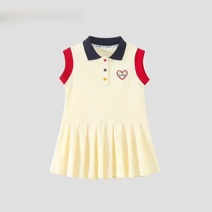 ワンピース キッズ ガールズ ポロ襟 プリーツ ミモレ丈 きれいめ 学院風 夏