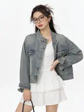 レトロスタイルの立襟デザイン デニムジャケット【春秋用・ゆったりフィット・カジュアル】