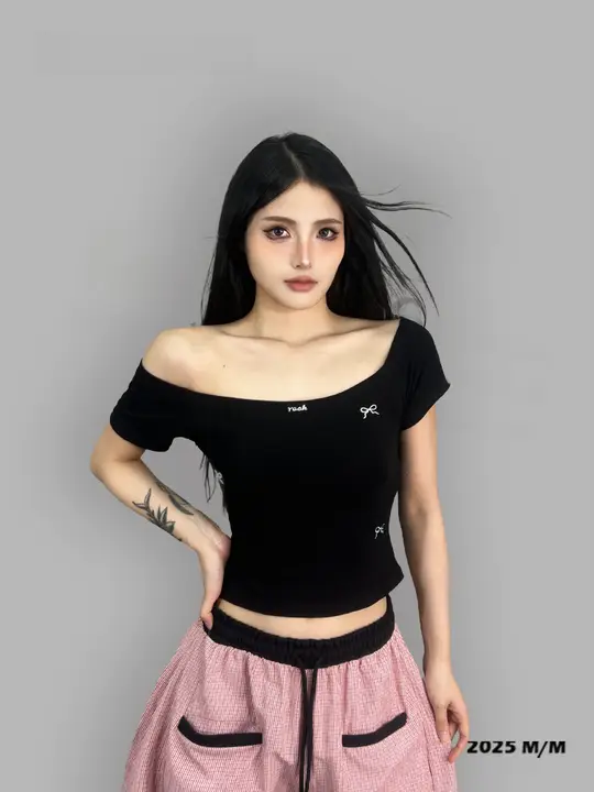 ショルダーオープン 絵柄刺繍Tシャツ【ジャズダンス・短袖・女性用】