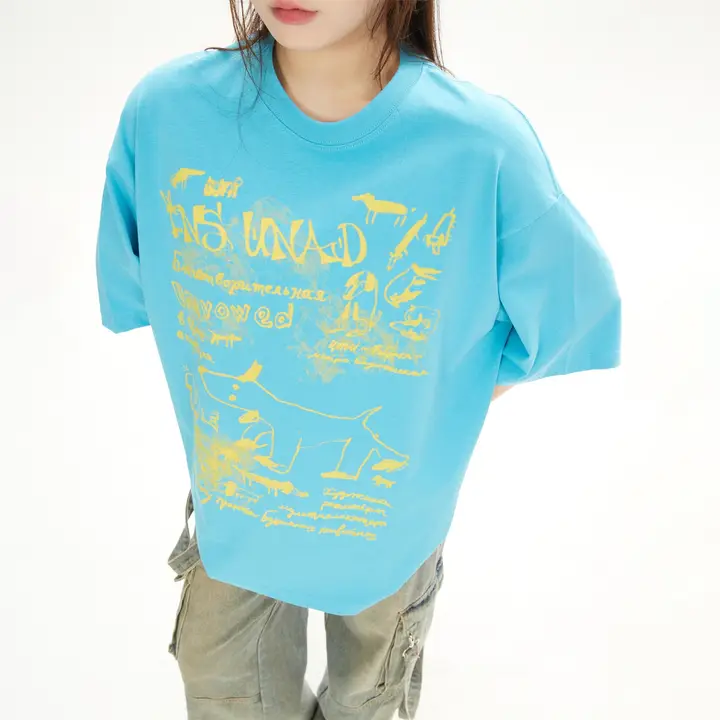 カジュアル印刷のゆったり半袖Tシャツ【女性用・韓国風・五部袖】