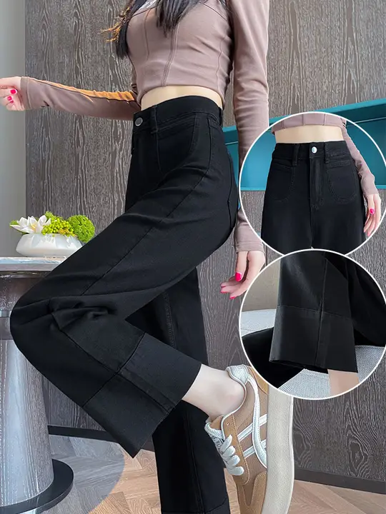 黒色ストレートデニムパンツ【女性用・ルーズフィット・梨型シルエット・カジュアル・ロールアップ】