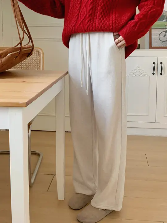 杏色 ストレート ワイドパンツ【秋冬用・裏起毛・高腰・レディース】