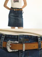 Unvesno Aラインデニムスカート【レトロブルー・切り替えデザイン・ひざ丈】