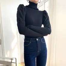 フレンチスタイル ヴィンテージ風 バブルスリーブニットトップス【高ネック・フィットデザイン・女性用】