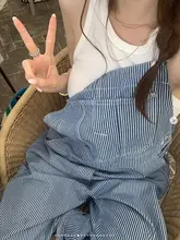 レトロスタイルのストライプデザインデニムサロペットパンツ【広めのポケット・女性用】