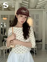 ドット柄ボートネック七分袖Tシャツ【韓国風・スリムフィット】