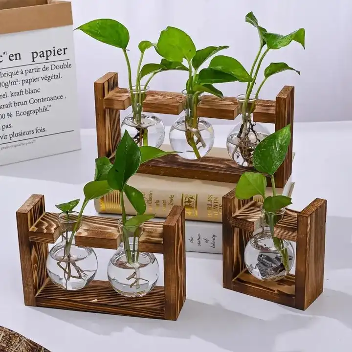 おしゃれな木製スタンドの水耕栽培小花瓶【観葉植物用・ガラス製・インテリア】
