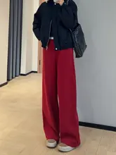暗赤色の加厚加绒ワイドストレートパンツ【高腰・冬用・女性用】（セットアップ対応）
