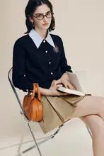 羊毛製 ヴィンテージ風 シャツカラーのニットポロシャツ【春季新作・女性用】（セットアップ対応）