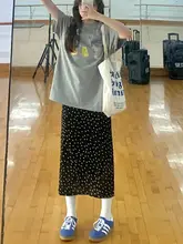 黒の水玉模様のカジュアル半身スカート【夏用・大きいサイズ・Aライン・お腹隠し・ミディ丈】（セットアップ対応）