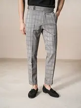 ウエストフィットの薄手ウールパンツ【ウエッジウール・ウエストタック・九分丈・チェック柄・スリムデザイン】（セットアップ対応）