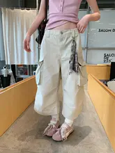 カーゴパンツ レディース ワイド ストレート 七分丈 アプリコット  シンプル 着回し カジュアル 秋