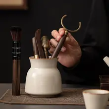 米色の汝窯茶道筒 六君子功夫茶具【陶器製・茶夹・茶さじ・茶針付き】