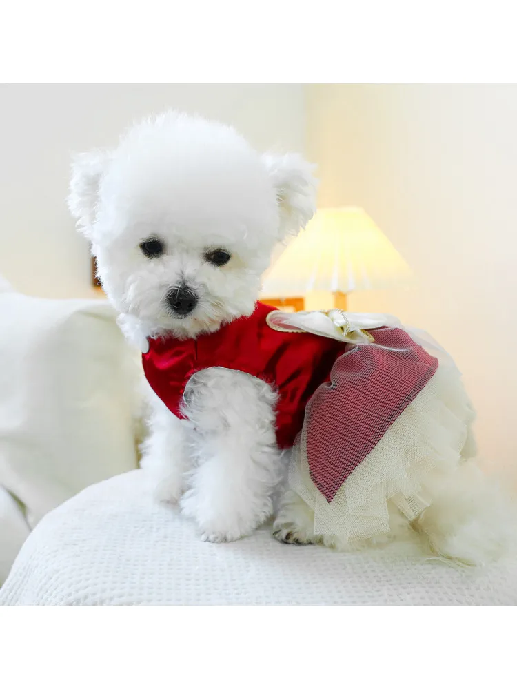 春用リボン付き犬服：小型犬にぴったりの軽量連身裙で通勤と散歩を快適に