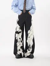 デザイン性のあるパッチワークフリースデニムパンツ【秋用・男女兼用・ワイドレッグ】