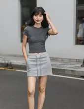スポーティーなリブショートスカート【ハイウエスト・抽绳デザイン・グレー・女性用】