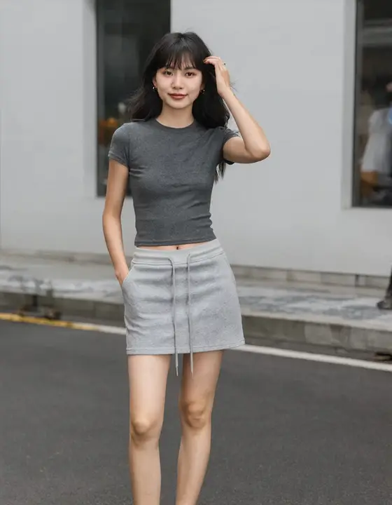 スポーティーなリブショートスカート【ハイウエスト・抽绳デザイン・グレー・女性用】