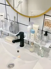 水切り機能付き 洗面台用ミラー前置き収納ラック【化粧品整理・浴室・洗面所用】