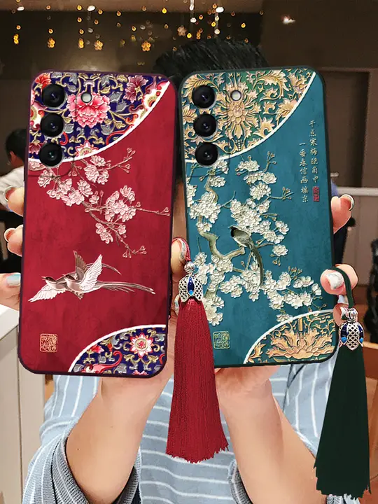立体浮彫りデザイン サムスン Galaxy S25/S24/S23 対応スマホケース【古風花鳥・シリコン素材・衝撃吸収】