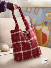 加厚レトロチェックデザインのショルダートートバッグ【クリスマス・新年向け・学生用】